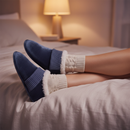 Mulher na cama usando as pantufas RECANTO azul-marinho, com luminária acesa ao fundo