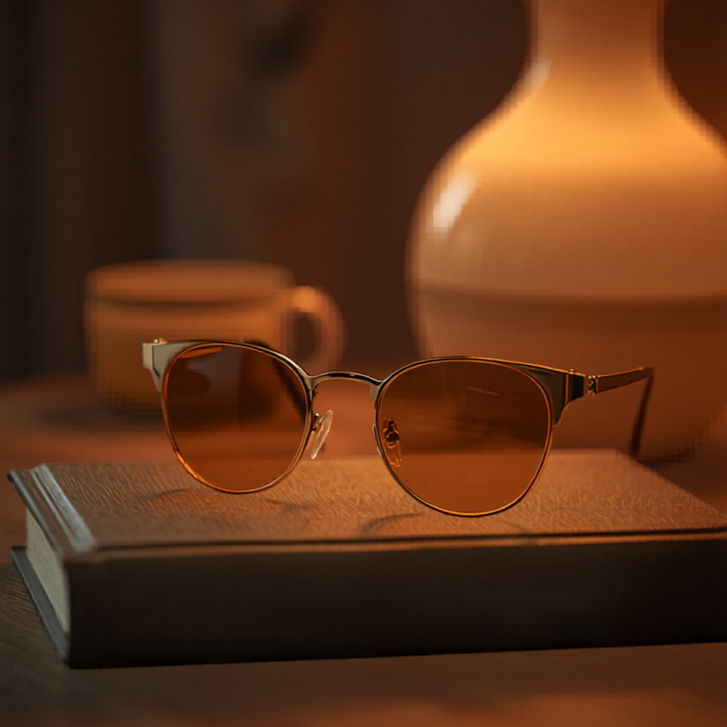 ÂMBAR — Óculos de ritual noturno com lentes âmbar sobre livro