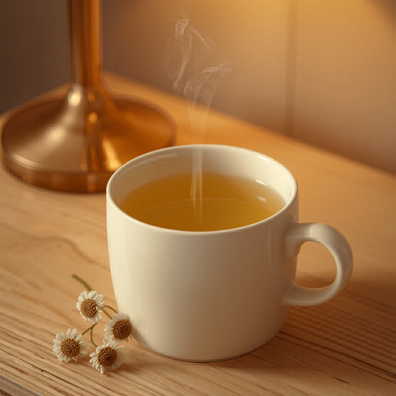 INFUSA — Xícara de infusão noturna com camomila na mesa de cabeceira