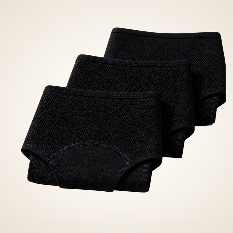 RESGUARDO — calcinha absorvente preta kit 3 Calmya, fundo off-white premium